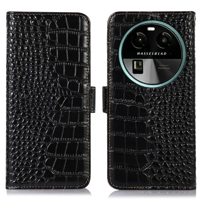 For Oppo Find X6 RFID Blocking Stand Wallet Crocodile Texture Genuine Cowhide Leather Phone Cover - Black
