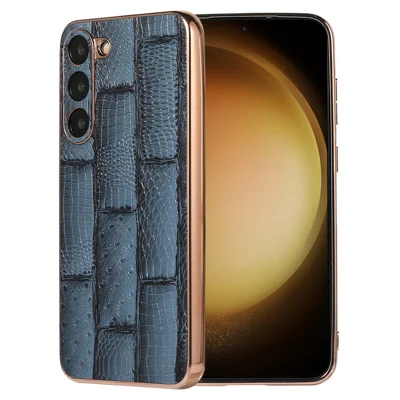 For Samsung Galaxy S23+ Nano Electroplating Mahjong Texture Phone Case Genuine Cowhide Leather+PC+TPU Cover - Blue