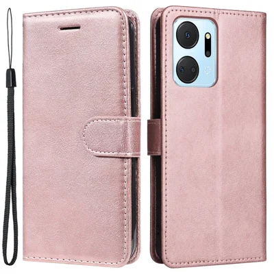 Voor Honor X7a 5G hoesje Effen kleur Lederen mobiele hoes Portemonnee Stand met bandje - Roze goud