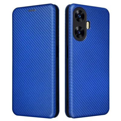 For Realme C55 Leather Stand Card Holder Phone Case Carbon Fiber Texture Phone Cover - Blue