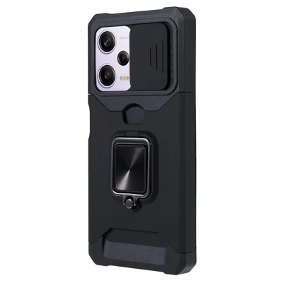 PC+TPU Phone Case for Xiaomi Redmi Note 12 Pro 5G / Note 12 Pro Speed 5G / Poco X5 Pro 5G , Lens Protection Kickstand Back Cover with Card Holder - Black