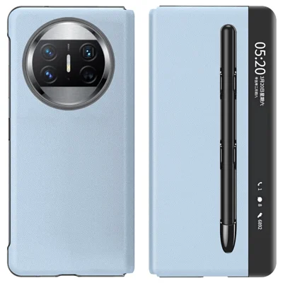 Stand Cover for Huawei Mate X3 5G View Window Litchi Texture PU Leather Case (with Pen Slot) - Blue