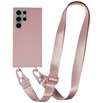 TPU Case for Samsung Galaxy S23 Ultra Matte Finish Phone Protector Cover with Wide Lanyard - Deep Pink