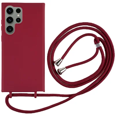 For Samsung Galaxy S23 Ultra Non-Slip Phone Cover Shockproof TPU Crossbody Case with Lanyard - Wine Red