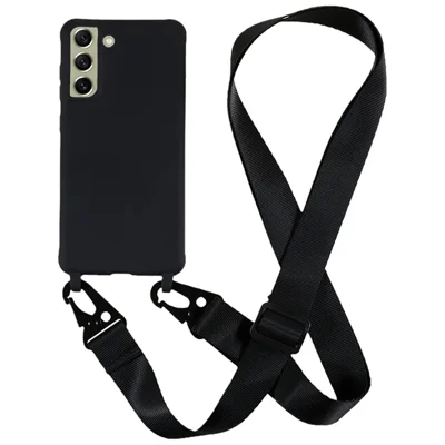 For Samsung Galaxy S21 FE 5G Soft TPU Matte Phone Case Anti-drop Cover with Wide Lanyard - Black