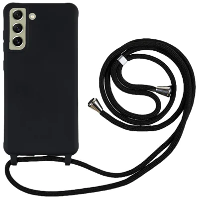 For Samsung Galaxy S21 FE 5G Shockproof Back Cover Flexible TPU Phone Case with Lanyard - Black