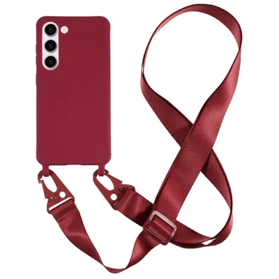 For Samsung Galaxy S23 Matte Soft TPU Case Anti-drop Phone Cover with Wide Lanyard - Wine Red