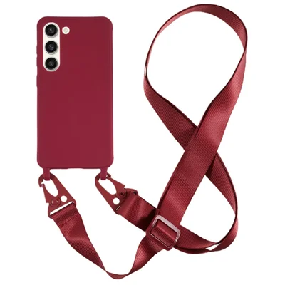 For Samsung Galaxy S23+ Soft TPU Phone Case Matte Finish Smartphone Cover with Wide Lanyard - Wine Red