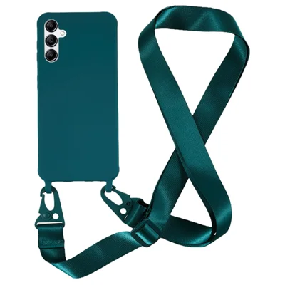 Soft TPU Phone Case for Samsung Galaxy A14 5G / A14 4G Matte Finish Shockproof Cover with Wide Lanyard - Dark Green