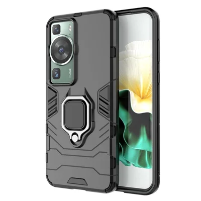 Für Huawei P60/P60 Pro Handyhülle TPU+PC Stoßfeste Hülle mit Ringhalter Ständer - Schwarz