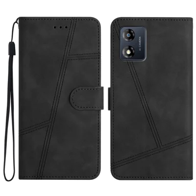 Telefonschale für Motorola Moto E13 4G Skin-Touch PU-Leder bedruckter Linienabdeckung mit Brieftasche und Ständer - Schwarz