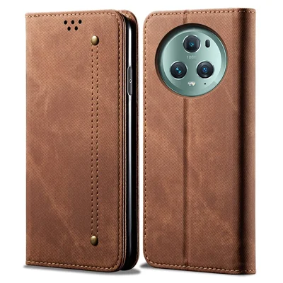 For Honor Magic5 Pro Wallet Function Jeans Cloth Texture Phone Case PU Leather Stand Phone Cover Shell - Coffee