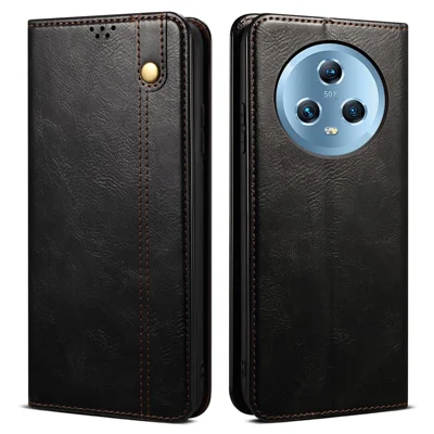 For Honor Magic5 Stand Wallet Leather Cell Phone Cover Waxy Crazy Horse Texture Mobile Phone Case - Black