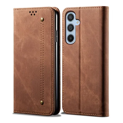 For Samsung Galaxy M54 5G / F54 5G Anti-Scratch Phone Case PU Leather Jeans Cloth Texture Wallet Stand Phone Cover - Coffee