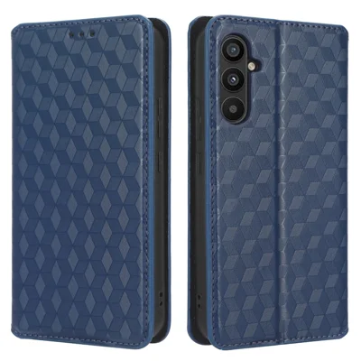 Para Samsung Galaxy M14 5G Stand Phone Cover Wallet Impressa Padrão Rombo PU Leather+TPU Phone Case - Azul