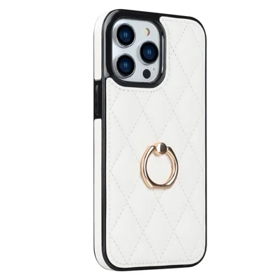 For iPhone 12 Pro Max Anti-Dust PU Leather+TPU Phone Case Stitching Rhombus Ring Holder Kickstand Phone Shell - White