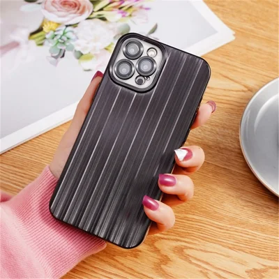 For iPhone 12 Pro Max 6.7 inch TPU Cover with Lens Film Electroplating Streamer Brushed Phone Case - Black