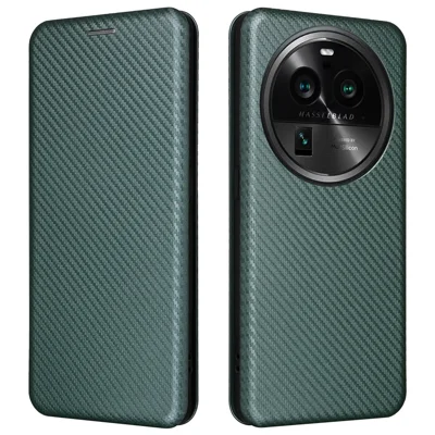 For Oppo Find X6 PU Leather Stand Phone Cover Carbon Fiber Texture Phone Case with Card Slot - Green