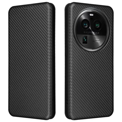 For Oppo Find X6 PU Leather Stand Phone Cover Carbon Fiber Texture Phone Case with Card Slot - Black