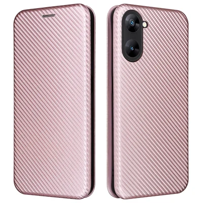 For Realme V30t / V30 5G Carbon Fiber Texture Phone Case Card Slot  PU Leather Stand Phone Cover - Rose Gold