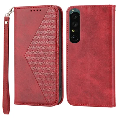 Calf Texture Phone Case for Sony Xperia 1 V , Imprinted Rhombus Pattern PU Leather Stand Phone Cover - Red