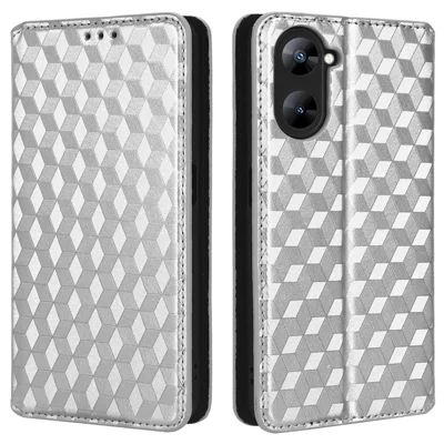 For Realme V30 5G / V30t PU Leather Wallet Case Imprinted Rhombus Pattern Stand Phone Cover - Silver