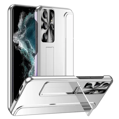 For Samsung Galaxy S22 Ultra 5G Anti-Scratch Hard PC Phone Case Electroplating Design Kickstand Protective Cover - Silver
