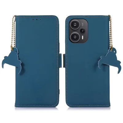 For Xiaomi Redmi Note 12 Turbo / Poco F5 5G RFID Blocking Phone Case Genuine Cow Leather Stand Wallet Protective Cover - Blue