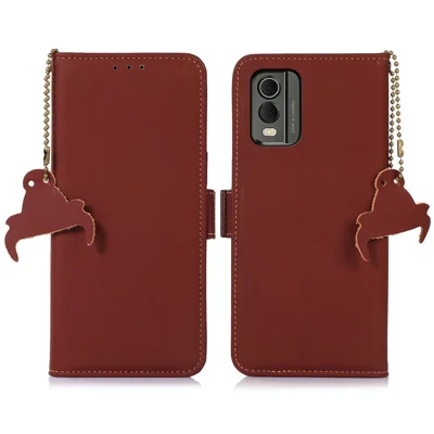 For Nokia C32 Stand Wallet RFID Blocking Phone Case Genuine Cow Leather Smartphone Cover - Coffee