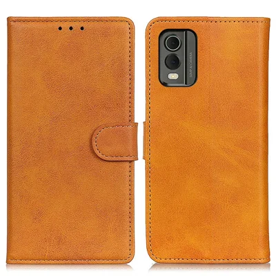 For Nokia C32 Cowhide Texture PU Leather Wallet Mobile Case Drop-proof Stand Phone Cover - Brown