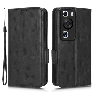For Huawei P60 Pro / P60 Anti-Dust Phone Shell PU Leather Phone Case Imprinted Triangle Stand Wallet Cover - Black