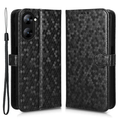 For Realme V30 5G / V30t Wallet Phone Case Dot Pattern Imprinted PU Leather Cover with Stand - Black