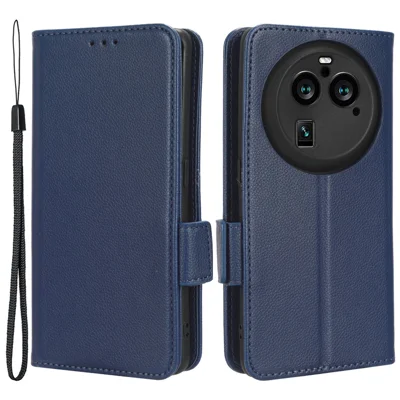 Para Oppo Find X6 Pro Litchi Texture PU Leather Case Folio Flip Wallet Stand Phone Cover - Dark Blue