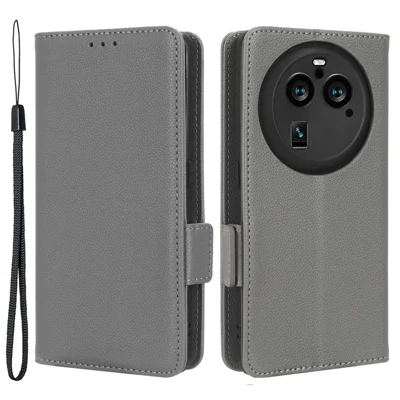 For Oppo Find X6 Pro Litchi Texture PU Leather Case Folio Flip Wallet Stand Phone Cover - Grey