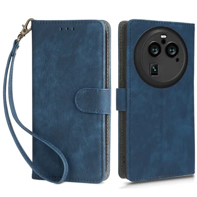 Para Oppo Find X6 Pro Capa de Telefone de Couro PU com Bloqueio RFID Carteira Stand com Alça - Azul