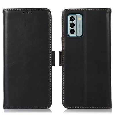 For Nokia G22 Genuine Cowhide Leather Phone Case RFID Blocking Wallet Stand Cover - Black