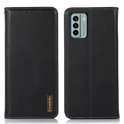KHAZNEH For Nokia G22 Flip Stand Phone Case RFID Blocking Wallet Genuine Cow Leather Phone Cover - Black