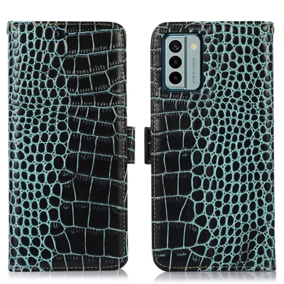 For Nokia G22 RFID Blocking Wallet Phone Case Crocodile Texture Genuine Cow Leather Stand Cover - Green