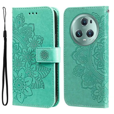 For Honor Magic5 Pro Case Floral Pattern PU Leather Wallet Stand Phone Cover - Green