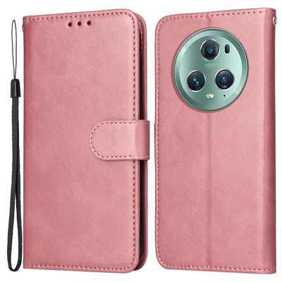 For Honor Magic5 Pro Calf Texture Phone Shell Stand Phone Case Leather Phone Cover with Strap - Rose Gold