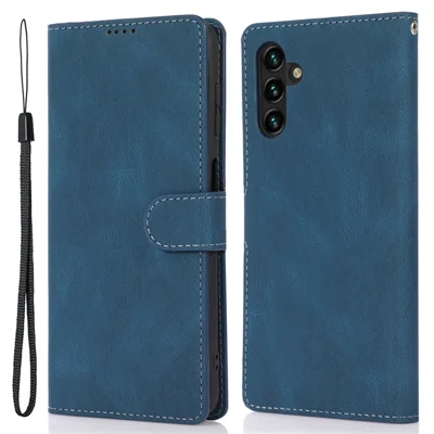 For Samsung Galaxy M14 5G Protective PU Leather Stand Phone Case Wallet Flip Cover with Strap - Blue