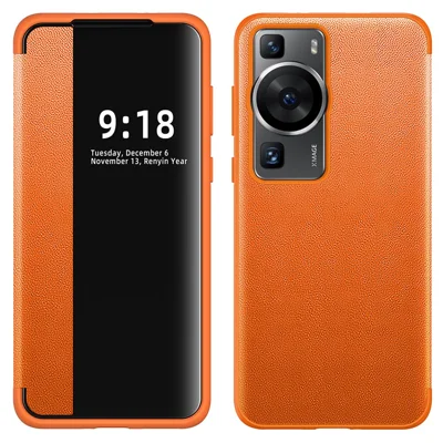For Huawei P60 Anti-Drop Case View Window PU Leather Flip Cover TPU Acrylic Phone Case - Brown