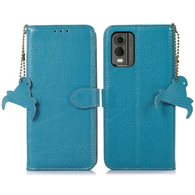 For Nokia C32 RFID Blocking Phone Wallet Case Genuine Cow Leather Stand Cover - Blue