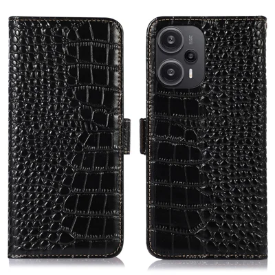 Futerał na telefon z funkcją blokowania RFID dla Xiaomi Redmi Note 12 Turbo / Poco F5 5G, etui portfelowe ze standem, ze skóry naturalnej wołowej - Czarny