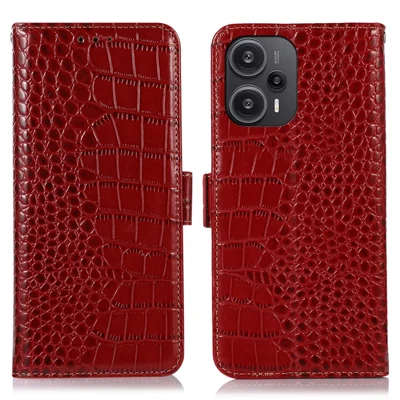 Funda para teléfono con bloqueo RFID para Xiaomi Redmi Note 12 Turbo / Poco F5 5G, carcasa tipo cartera con soporte y cuero auténtico de vaca - Rojo
