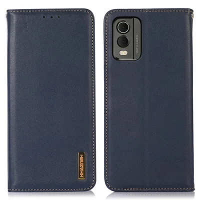 KHAZNEH Para Nokia C32 Caso de Bloqueio RFID Couro de Vaca Genuíno Carteira de Pé Capa de Telefone - Azul