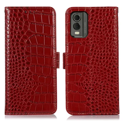 For Nokia C32 RFID Blocking Genuine Cowhide Leather Phone Case Stand Phone Wallet Cover - Red