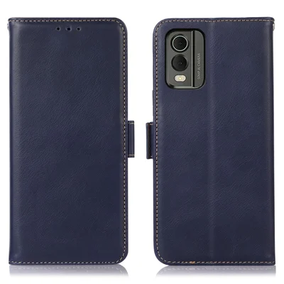 For Nokia C32 RFID Blocking Stand Phone Case Genuine Cowhide Leather Wallet Cover - Blue