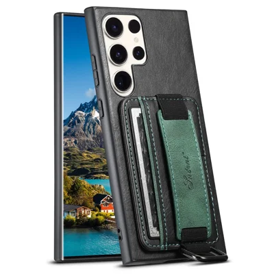 SUTENI H13 For Samsung Galaxy S23 Ultra Card Holder Phone Cover Leather Coated PC+TPU Shell Kickstand Case with Hand Strap - Black