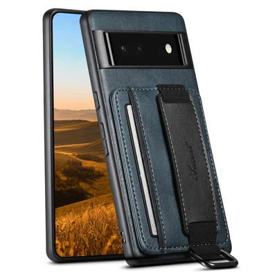 SUTENI H13 For Google Pixel 6 Kickstand Shell, Leather Coated PC+TPU Case Card Holder Phone Cover with Hand Strap - Blue